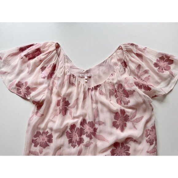 REBECCA TAYLOR Pink Metallic Floral Silk Georgette Flutter Sleeve Blouse, Size M - Picture 8 of 15